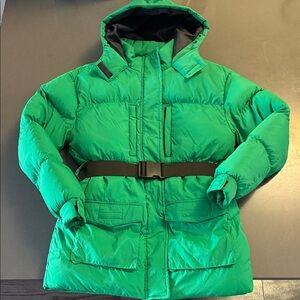 Green Hooded Puffer Jacket with Belt